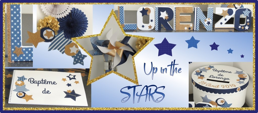 Déco sur le thème étoiles marine doré et blanc avec des lettres décorées, un livre d'or, des pompons, une urne et des moulins à vent